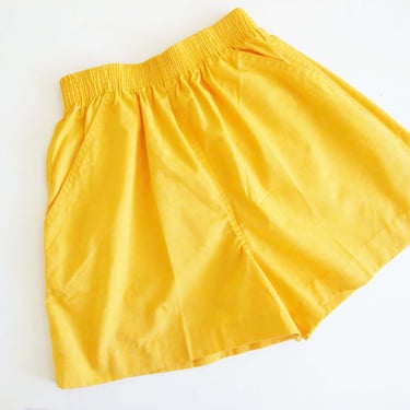 Vintage 80s Jantzen Yellow Elastic Waist Shorts S M - 1980s Casual Cotton Mid Length Mom Shorts - Wide Cut Leg -  Clowncore 