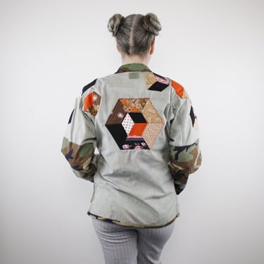 Vintage Altered Camo Jacket - Reversed Pockets, Cube Illusion Patches with Vintage Fabric, ORIGINAL One Of A Kind - Small 