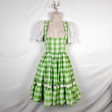 Vintage 60s/70s Green Frilly Gingham Dress with Open Bust 