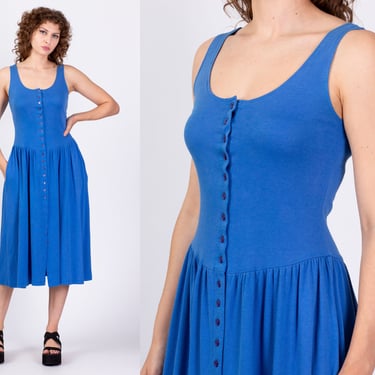 80s 90s Blue Jersey Lounge Dress - Small | Vintage Button Up Sleeveless Grunge Midi Pocket Dress 