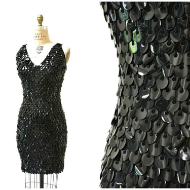 Vintage Black Sequin Dress Medium Body Con Knit Black Sequin Dress Large Pallets // Vintage Black Sequin Party Dress in Black Size Medium 
