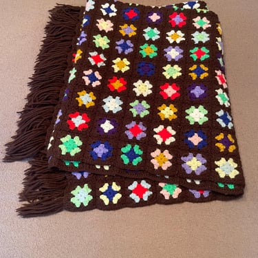 Vintage 70s Brown Heavy Warm Rainbow Afghan Granny Square Blanket Throw With Fringe 