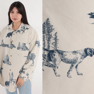 Animal Shirt 90s Button Up Shirt Dog Moose Bear Bunny Wolf Duck Print Top Wildlife Long Sleeve Cream Cotton Vintage 1990s Men's Large Tall 