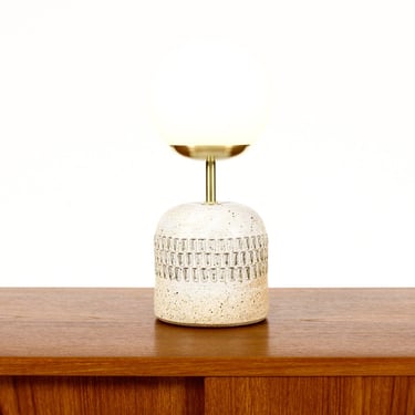 Ceramic Stoneware Studio Pottery Table Lamp — Globe shade — Large Facet Pattern — White Glaze — L39 