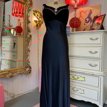 vintage 1990s betsey and adam black formal dress mesh cut out jeweled satin bias 