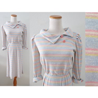 Vintage Pastel Rainbow Striped Dress 80s Knit Midi Candy Colors - Size Small 