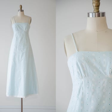 cute cottagecore dress | 60s 70s vintage white pastel blue simple spaghetti strap embroidered long maxi dress 