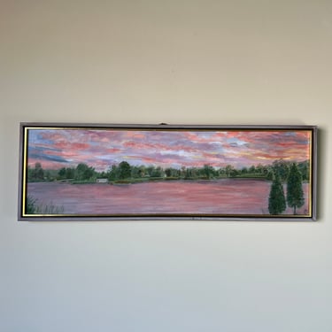 1980's Vintage Rural Sunset Lake Landscape Oil Painting, Framed 