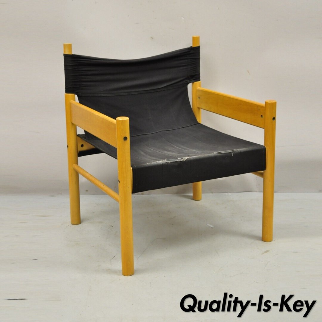 Vintage Scandinavian Modern Birch Wood Lounge Chair with Black Canvas