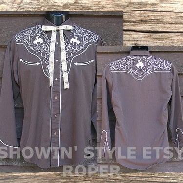 Roper Vintage Retro Western Men's Cowboy, Rodeo Shirt, Embroidered Cowboys on Bucking Horses and Floral Highlights, Small (see meas. photo) 