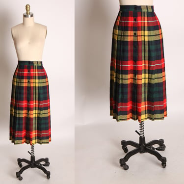 1960s Green, Red, Yellow and Black Plaid Pleated Skirt -S 