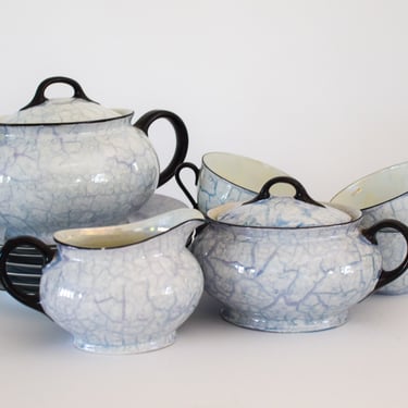 Vintage Blue and White Tea Set. Art Deco Czech Porcelain Lusterware. Pearlized 1920s Tea Pot and Tea Cups with Desert Plates 