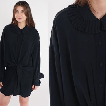 Black Mini Dress 80s Plain Button Up Dress Ruffle Collar Tie Waist Side Slit Vintage Long sleeve Shirtdress Shift Dress 1980s Medium Large 