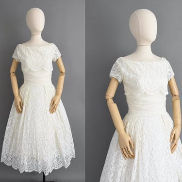 vintage 1950s Dress | Lorrie Deb White Tea Cup Lace Wedding Dress | Small 