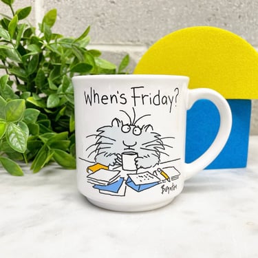 Vintage Mug Retro 1980 Boynton + When's Friday + Comic + Cat + Funny + Office Humor + Ceramic + Coffee Cup + Drinkware + Kitchen Decor 