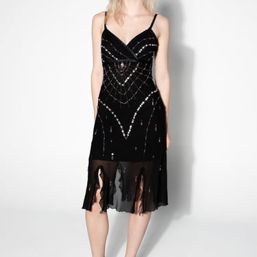 Sue Wong Black Silk Spiderweb Beaded Cocktail Dress