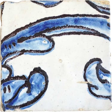 1600’s Antique Portuguese Tin Glazed Blue Floral Ceramic Architectural Tile (Azulejo) 