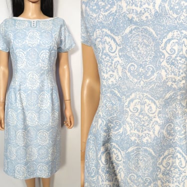 Vintage 60s Damask Print Cotton Wiggle Dress Size S 
