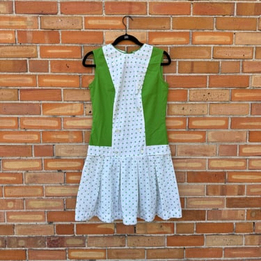 vintage 60s green polka dot drop waist scooter dress / s m small medium 