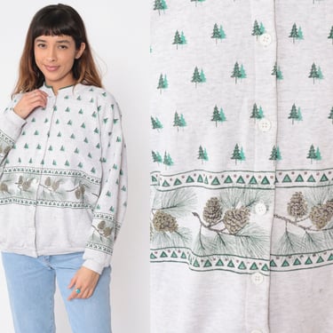 Tree Cardigan Sweatshirt 90s Pinecone Button up Sweater Heather Grey Forest Print Nature Grandma Pockets 1990s Vintage Large xl l 