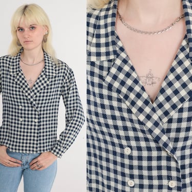 Silk Gingham Blouse 90s Checkered Top Double Breasted Button Up Shirt White Blue Collared Long Sleeve Secretary Vintage 1990s Small 6 