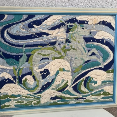 Vintage needlepoint art Neptune seahorse theme pastels framed 