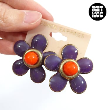 Groovy Deadstock Vintage 80s 90s Purple & Orange Enamel Statement Earrings 
