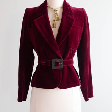 Vintage 1970's Yves Saint Laurent Russian Red Velvet Belted Jacket / Size 34