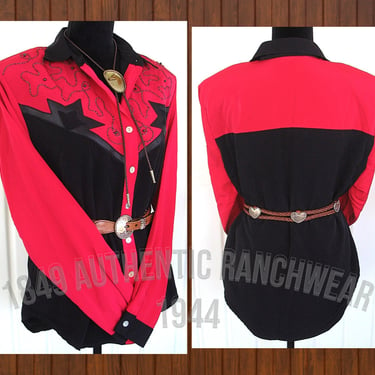 1849 Authentic Ranchwear Women's Vintage Western Retro Shirt, Black with Red Yokes, Sleeves & Trim, Approx. Medium (see meas. photo) 