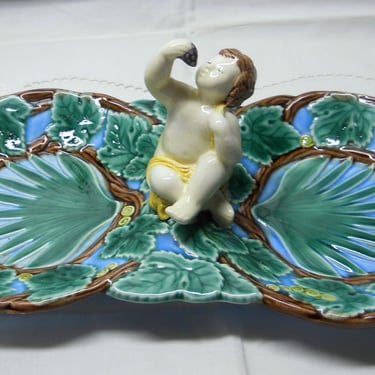 SALE~ Vintage Majolica Zirke Double Sided Dish~ Blue Turquoise Green Putti Angel 2 sided bowl display 