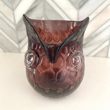 Vintage Amethyst Glass Owl Vase, Votive Candle Holder, Planter, Purple Glass, Art Glass, Retro MCM Glassware, Honeycomb Pattern 
