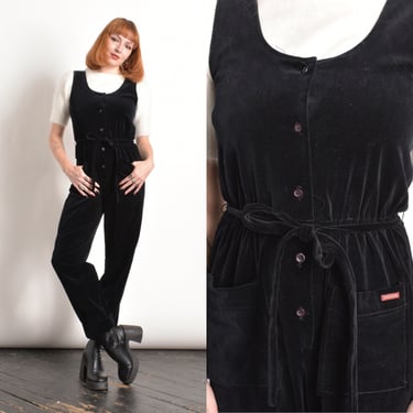 Vintage 1980s Jumpsuit / 80s Velvet Button Up One Piece / Black ( small S ) 
