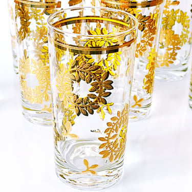 4 Fred Press Cocktail Glasses | 23K Gold Holiday Wreath Design | Mid-Century Vintage Highball Tumblers | Luxury Barware for Christmas Gifts 