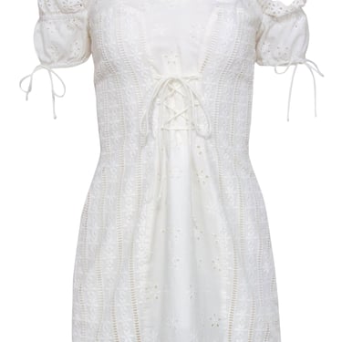 For Love & Lemons - White Eyelet Off-the Shoulder Mini Dress w/ Lace-Up Detail Sz M