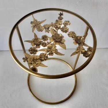 Bohemian Chic Gold Brass Finish Side Table Sculptural Flowers and Glass Top End Side Table 