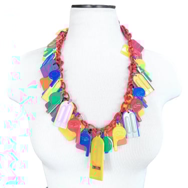 Vintage 1980's Cracker Jack Whistle Charm Necklace, Heochst, Retro Colorful Plastic Charm Necklace, Complete Charm Necklace with 45 Charms 