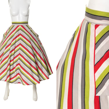 Vintage 1950s Skirt | 50s Chevron Striped Cotton Pockets High Waisted Full Swing Summer Skirt (medium) 