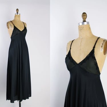 Vintage 1970s Olga Bodysilk Black Lace Nightgown 