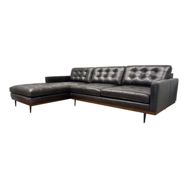 Mid-Century Modern Style Black Tufted Leather Sectional Sofa