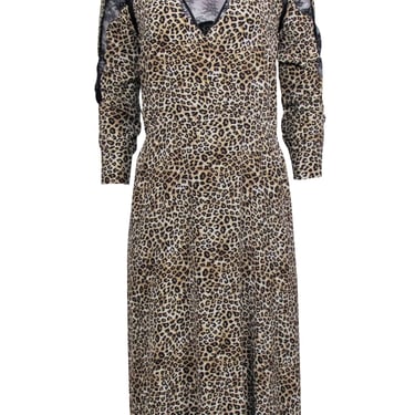 The Kooples - Brown Leopard Print Midi Dress w/ Black Lace Sz S