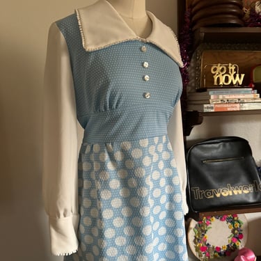 Vintage 60s Mod Geometric Blue Maxi Dress with Polka Dot and Circle Print; 70s Funky Bright Blue Polyester Long Sleeve Maxi Wingtip Collar S 