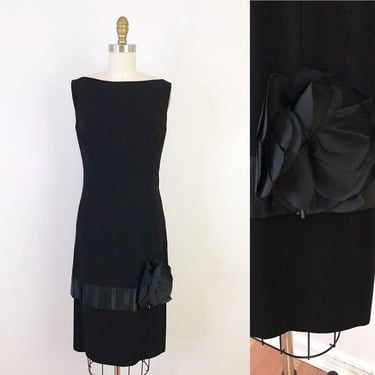Vintage 1960s Sheath Dress Black Satin Flower Chic 