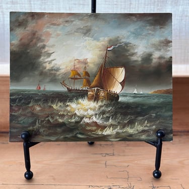 Vintage Original European Oil on Board, Ships at Sea 