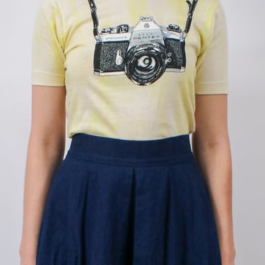 1970s Faded Yellow and White Novelty Pentax Camera Print T-Shirt