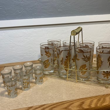 Bar Glasses and Caddy Gold Leaf Pattern Tom Collins and shot glasses 
