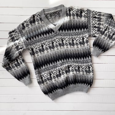 gray alpaca sweater | 80s 90s vintage soft fuzzy animal embroidered dark academia warm grandpa sweater 