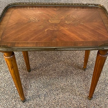 Item #DMC47 French Side Table w/ Floral Inlay & Cut Brass Gallery c.1890