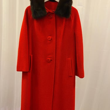 50's Vintage Red winter coat, women's red wool coat, mink fur women's coat, long wool coat, unisex wool coat, women's wool coat size large l 