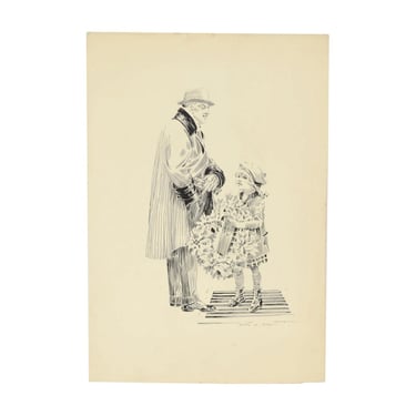Circa 1910 Ink Drawing Wealthy Man buying Wreath from Little Girl Michigan Artist 