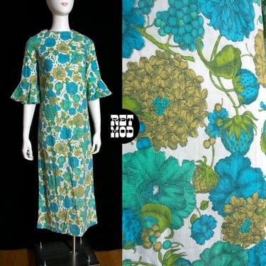 Adorable Vintage 60s Blue Green Strawberries, Floral & Fruit Novelty Print Long Shift Dress with Ruffle Cuffs 